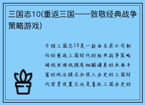 三国志10(重返三国——致敬经典战争策略游戏)